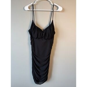 Love J Black Mesh Ruched Bodycon Mini Dress Spaghetti Strap Sweetheart Neck L